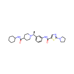 C[C@@H](c1cccc(NC(=O)c2cnc(N3CCCC3)s2)c1)N1CCC(C(=O)NC2CCCCC2)CC1 ZINC001772629117