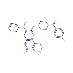 C[C@@H](c1ccccc1)N(Cc1nc2c(c(=O)[nH]1)COCC2)C(=O)CN1CCC(C(=O)c2ccc(F)cc2)CC1 ZINC000208817935