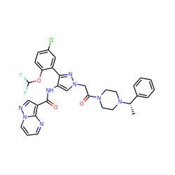 C[C@@H](c1ccccc1)N1CCN(C(=O)Cn2cc(NC(=O)c3cnn4cccnc34)c(-c3cc(Cl)ccc3OC(F)F)n2)CC1 ZINC001772656216