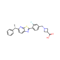 C[C@@H](c1ccccc1)c1ccc2nc(-c3ccc(CN4CC(C(=O)O)C4)cc3F)sc2n1 ZINC000066076918