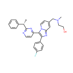 C[C@@H](c1ccccc1)c1nccc(-c2c(-c3ccc(F)cc3)nc3cc(CN(C)CCO)ccn23)n1 ZINC000036161131