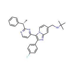 C[C@@H](c1ccccc1)c1nccc(-c2c(-c3ccc(F)cc3)nc3cc(CNC(C)(C)C)ccn23)n1 ZINC000036161094