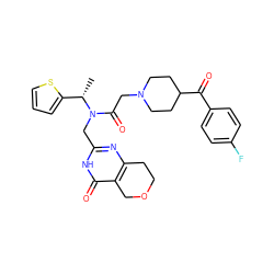 C[C@@H](c1cccs1)N(Cc1nc2c(c(=O)[nH]1)COCC2)C(=O)CN1CCC(C(=O)c2ccc(F)cc2)CC1 ZINC000208803497