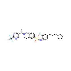 C[C@@H](c1cnc(C(F)(F)F)nc1)N1CCc2cc(S(=O)(=O)Nc3ccc(CCCC4CCCC4)cc3F)ccc2C1 ZINC000261089819