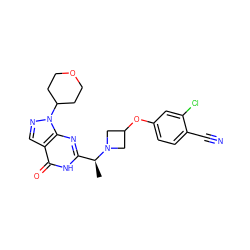 C[C@@H](c1nc2c(cnn2C2CCOCC2)c(=O)[nH]1)N1CC(Oc2ccc(C#N)c(Cl)c2)C1 ZINC000095574573