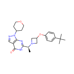 C[C@@H](c1nc2c(cnn2C2CCOCC2)c(=O)[nH]1)N1CC(Oc2ccc(C(C)(C)C)cc2)C1 ZINC001772585781