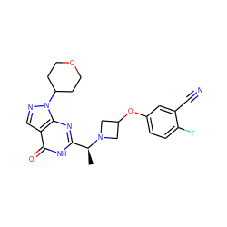 C[C@@H](c1nc2c(cnn2C2CCOCC2)c(=O)[nH]1)N1CC(Oc2ccc(F)c(C#N)c2)C1 ZINC000095572697