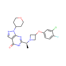 C[C@@H](c1nc2c(cnn2C2CCOCC2)c(=O)[nH]1)N1CC(Oc2ccc(F)c(Cl)c2)C1 ZINC000095579803