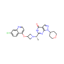 C[C@@H](c1nc2c(cnn2C2CCOCC2)c(=O)[nH]1)N1CC(Oc2ccnc3cc(Cl)ccc23)C1 ZINC001772604831