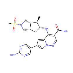 C[C@@H]1[C@H]2CN(S(C)(=O)=O)C[C@H]2C[C@H]1Nc1c(C(N)=O)cnn2cc(-c3cnc(N)nc3)cc12 ZINC000203818745