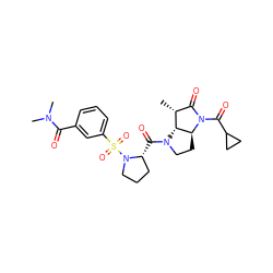 C[C@@H]1C(=O)N(C(=O)C2CC2)[C@H]2CCN(C(=O)[C@@H]3CCCN3S(=O)(=O)c3cccc(C(=O)N(C)C)c3)[C@H]12 ZINC000013471537