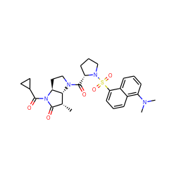 C[C@@H]1C(=O)N(C(=O)C2CC2)[C@H]2CCN(C(=O)[C@@H]3CCCN3S(=O)(=O)c3cccc4c(N(C)C)cccc34)[C@H]12 ZINC000029464417