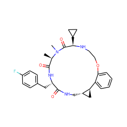 C[C@@H]1C(=O)N[C@@H](Cc2ccc(F)cc2)C(=O)NC[C@H]2C[C@@H]2c2ccccc2OCCN[C@H](C2CC2)C(=O)N1C ZINC001772629623