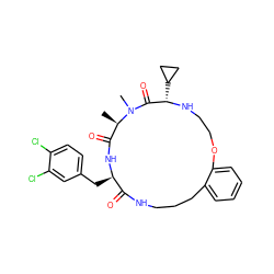 C[C@@H]1C(=O)N[C@H](Cc2ccc(Cl)c(Cl)c2)C(=O)NCCCc2ccccc2OCCN[C@@H](C2CC2)C(=O)N1C ZINC000114625032