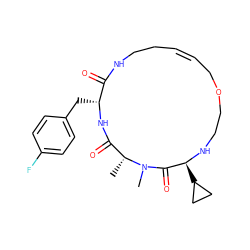 C[C@@H]1C(=O)N[C@H](Cc2ccc(F)cc2)C(=O)NCC/C=C\COCCN[C@@H](C2CC2)C(=O)N1C ZINC001772587269