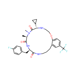 C[C@@H]1C(=O)N[C@H](Cc2ccc(F)cc2)C(=O)NCCCc2cc(C(F)(F)F)ccc2OCCN[C@@H](C2CC2)C(=O)N1C ZINC001772649821