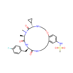 C[C@@H]1C(=O)N[C@H](Cc2ccc(F)cc2)C(=O)NCCCc2cc(NS(C)(=O)=O)ccc2OCCN[C@@H](C2CC2)C(=O)N1C ZINC001772599373