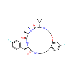 C[C@@H]1C(=O)N[C@H](Cc2ccc(F)cc2)C(=O)NCCCc2ccc(F)cc2OCCN[C@@H](C2CC2)C(=O)N1C ZINC000073170175