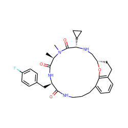 C[C@@H]1C(=O)N[C@H](Cc2ccc(F)cc2)C(=O)NCCCc2cccc3c2O[C@@H](CC3)CN[C@@H](C2CC2)C(=O)N1C ZINC000073169499