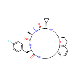 C[C@@H]1C(=O)N[C@H](Cc2ccc(F)cc2)C(=O)NCCCc2cccc3c2O[C@H](CC3)CN[C@@H](C2CC2)C(=O)N1C ZINC000073169497