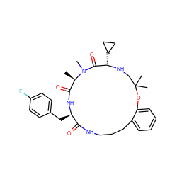 C[C@@H]1C(=O)N[C@H](Cc2ccc(F)cc2)C(=O)NCCCc2ccccc2OC(C)(C)CN[C@@H](C2CC2)C(=O)N1C ZINC000073169494