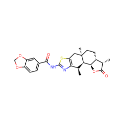 C[C@@H]1C(=O)O[C@H]2[C@H]3[C@@H](C)c4nc(NC(=O)c5ccc6c(c5)OCO6)sc4C[C@@]3(C)CC[C@H]12 ZINC000253654669