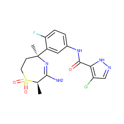 C[C@@H]1C(N)=N[C@](C)(c2cc(NC(=O)c3[nH]ncc3Cl)ccc2F)CCS1(=O)=O ZINC000201832094