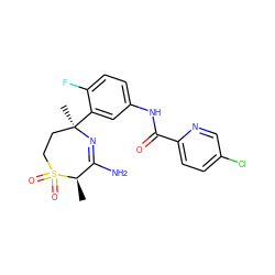 C[C@@H]1C(N)=N[C@](C)(c2cc(NC(=O)c3ccc(Cl)cn3)ccc2F)CCS1(=O)=O ZINC000201832021