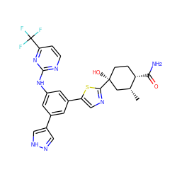 C[C@@H]1C[C@@](O)(c2ncc(-c3cc(Nc4nccc(C(F)(F)F)n4)cc(-c4cn[nH]c4)c3)s2)CC[C@@H]1C(N)=O ZINC000221297081