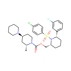 C[C@@H]1C[C@@H](N2CCCCC2)CCN1C(=O)OC[C@H]1CCC[C@@H](c2cccc(F)c2)N1S(=O)(=O)c1ccc(Cl)cc1 ZINC000028816519