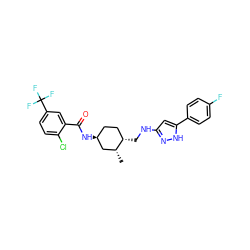 C[C@@H]1C[C@@H](NC(=O)c2cc(C(F)(F)F)ccc2Cl)CC[C@@H]1CNc1cc(-c2ccc(F)cc2)[nH]n1 ZINC000117306970