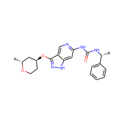 C[C@@H]1C[C@@H](Oc2n[nH]c3cc(NC(=O)N[C@H](C)c4ccccc4)ncc23)CCO1 ZINC001772647913