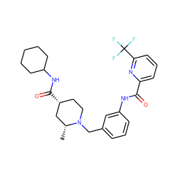 C[C@@H]1C[C@H](C(=O)NC2CCCCC2)CCN1Cc1cccc(NC(=O)c2cccc(C(F)(F)F)n2)c1 ZINC001772616347