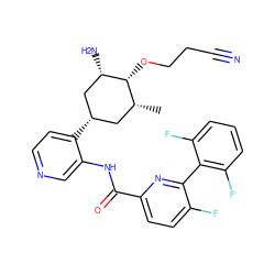 C[C@@H]1C[C@H](c2ccncc2NC(=O)c2ccc(F)c(-c3c(F)cccc3F)n2)C[C@H](N)[C@@H]1OCCC#N ZINC000207182221