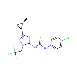 C[C@@H]1C[C@H]1c1cc(NC(=O)Nc2ccc(Cl)cc2)n(CC(F)(F)F)n1 ZINC000299828520