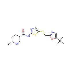 C[C@@H]1CC[C@H](C(=O)Nc2ncc(SCc3ncc(C(C)(C)C)o3)s2)CN1 ZINC000040846457