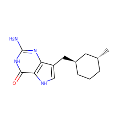 C[C@@H]1CCC[C@@H](Cc2c[nH]c3c(=O)[nH]c(N)nc23)C1 ZINC000013798469