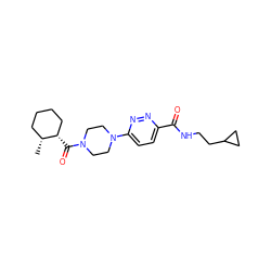 C[C@@H]1CCCC[C@@H]1C(=O)N1CCN(c2ccc(C(=O)NCCC3CC3)nn2)CC1 ZINC000095593646