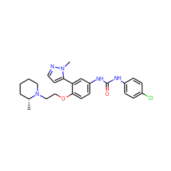 C[C@@H]1CCCCN1CCOc1ccc(NC(=O)Nc2ccc(Cl)cc2)cc1-c1ccnn1C ZINC000045259120