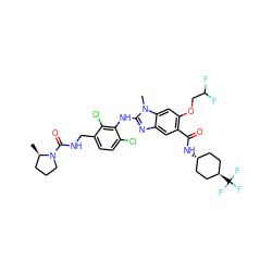 C[C@@H]1CCCN1C(=O)NCc1ccc(Cl)c(Nc2nc3cc(C(=O)N[C@H]4CC[C@H](C(F)(F)F)CC4)c(OCC(F)F)cc3n2C)c1Cl ZINC000261179184