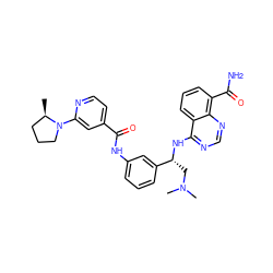 C[C@@H]1CCCN1c1cc(C(=O)Nc2cccc([C@@H](CN(C)C)Nc3ncnc4c(C(N)=O)cccc34)c2)ccn1 ZINC000114345959