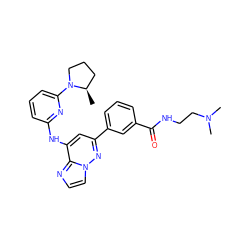 C[C@@H]1CCCN1c1cccc(Nc2cc(-c3cccc(C(=O)NCCN(C)C)c3)nn3ccnc23)n1 ZINC000207382374