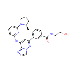 C[C@@H]1CCCN1c1cccc(Nc2cc(-c3cccc(C(=O)NCCO)c3)nn3ccnc23)n1 ZINC000207375201