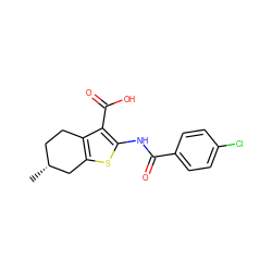 C[C@@H]1CCc2c(sc(NC(=O)c3ccc(Cl)cc3)c2C(=O)O)C1 ZINC000004184630