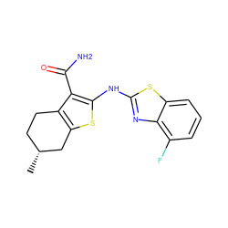 C[C@@H]1CCc2c(sc(Nc3nc4c(F)cccc4s3)c2C(N)=O)C1 ZINC000004137679