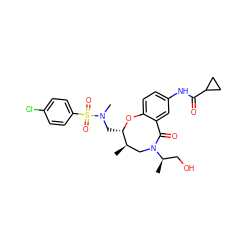 C[C@@H]1CN([C@H](C)CO)C(=O)c2cc(NC(=O)C3CC3)ccc2O[C@H]1CN(C)S(=O)(=O)c1ccc(Cl)cc1 ZINC000095854300