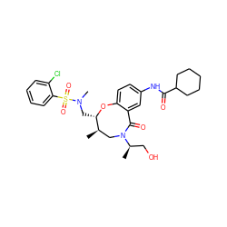 C[C@@H]1CN([C@H](C)CO)C(=O)c2cc(NC(=O)C3CCCCC3)ccc2O[C@H]1CN(C)S(=O)(=O)c1ccccc1Cl ZINC000095599895