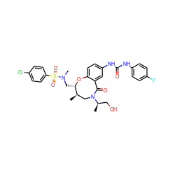 C[C@@H]1CN([C@H](C)CO)C(=O)c2cc(NC(=O)Nc3ccc(F)cc3)ccc2O[C@H]1CN(C)S(=O)(=O)c1ccc(Cl)cc1 ZINC000095602377