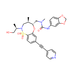 C[C@@H]1CN([C@H](C)CO)S(=O)(=O)c2ccc(C#Cc3ccncc3)cc2O[C@H]1CN(C)C(=O)Nc1ccc2c(c1)OCO2 ZINC000095603036