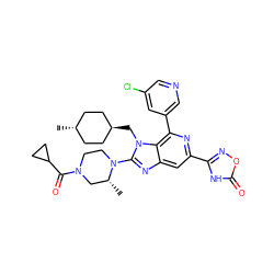 C[C@@H]1CN(C(=O)C2CC2)CCN1c1nc2cc(-c3noc(=O)[nH]3)nc(-c3cncc(Cl)c3)c2n1C[C@H]1CC[C@H](C)CC1 ZINC000261117173